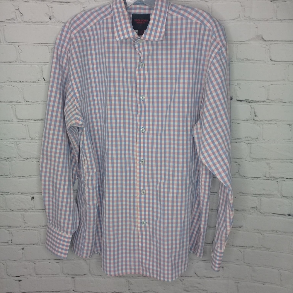 Linea Uomo Modern Fit Pink Lavender Check Button Up Long Sleeve Shirt Large